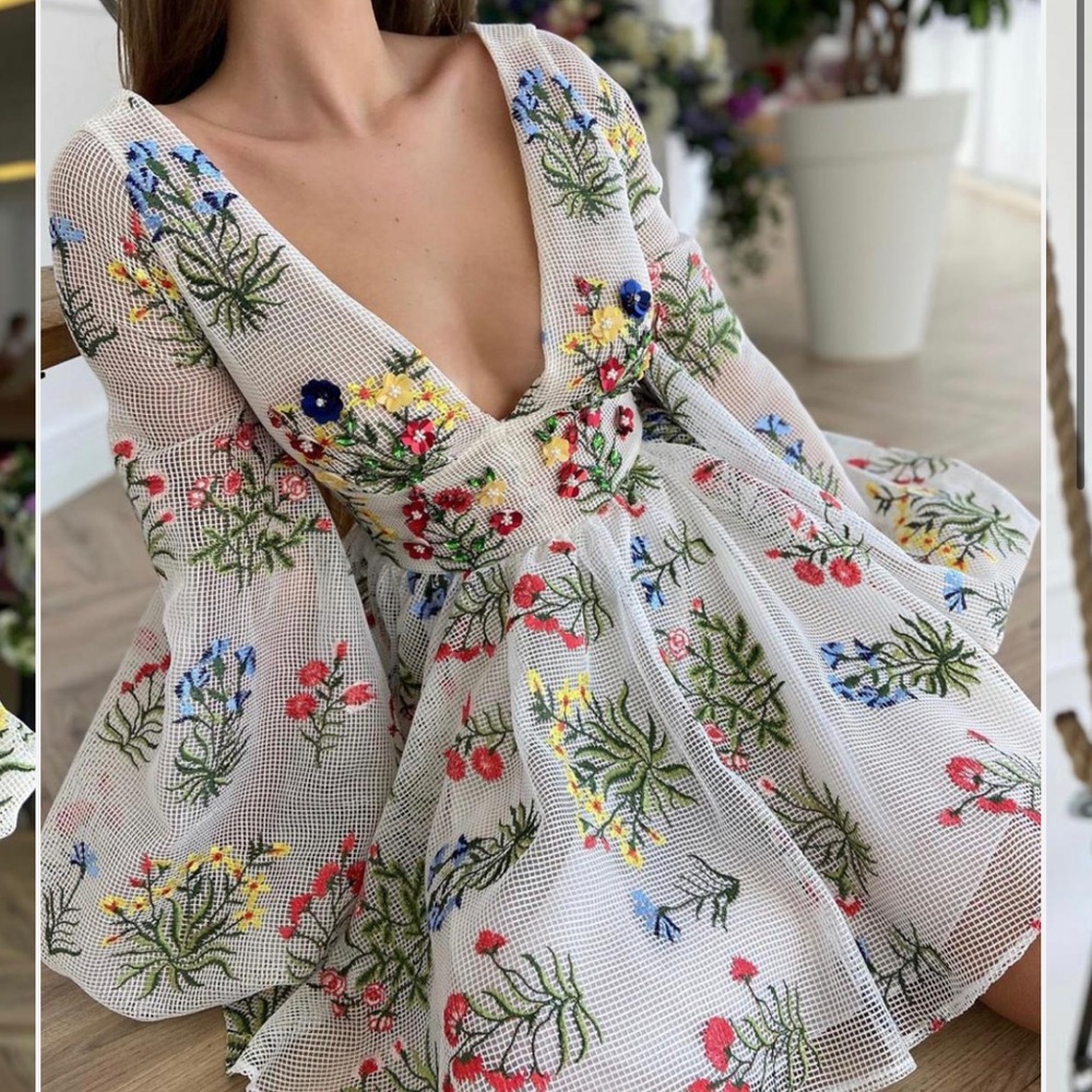 Teuta Matoshi Floral Embroidered Mini Dress - White with Multicolor Accents